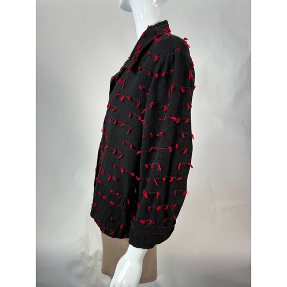 Vintage Black & Red Cactus Flower Jacket With Textured Knot Detailing & Brass Bu - Picture 12 of 16